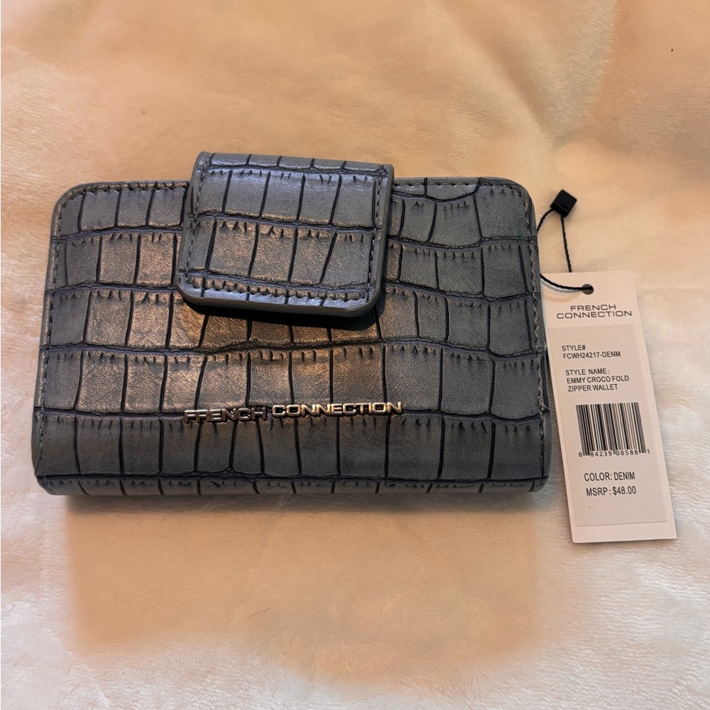 French Connection Denim Croc-Embossed Zip Wallet in Blue Denim